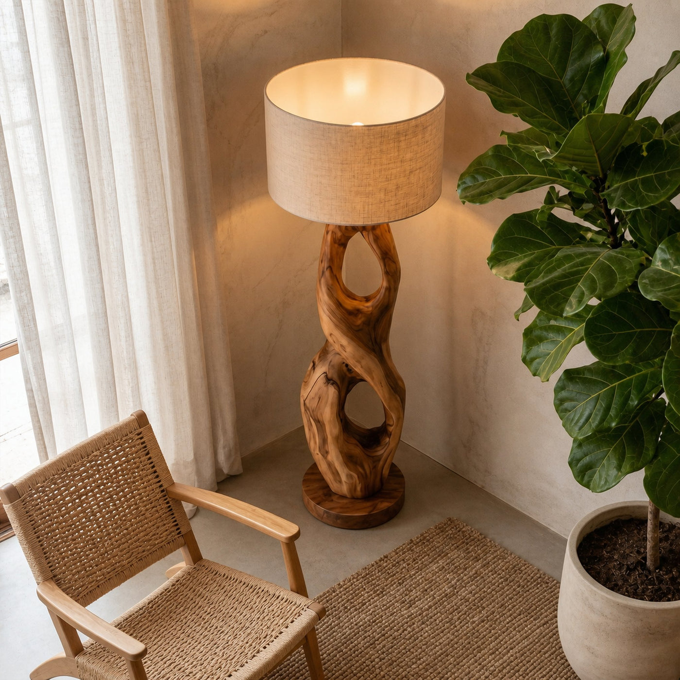 Rustic Floor Lamp With Handcrafted Hollow Wood Sculpture Base For Living Room - product view 2