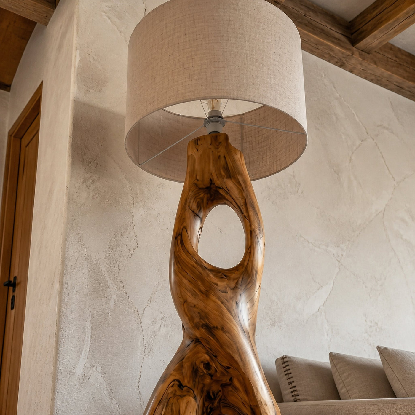 Rustic Floor Lamp With Handcrafted Hollow Wood Sculpture Base For Living Room - product view 3
