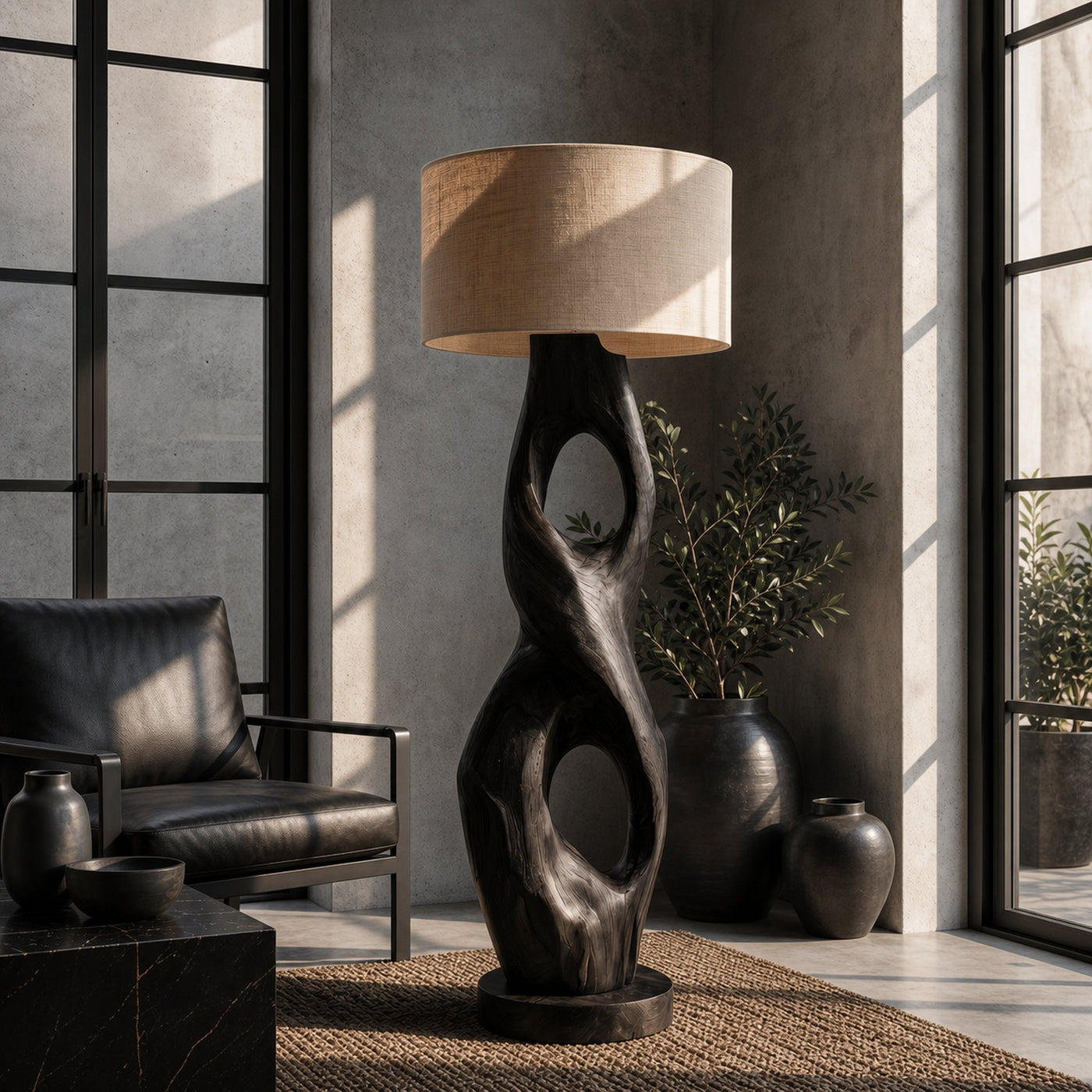 Rustic Floor Lamp With Handcrafted Hollow Wood Sculpture Base For Living Room - product view 4