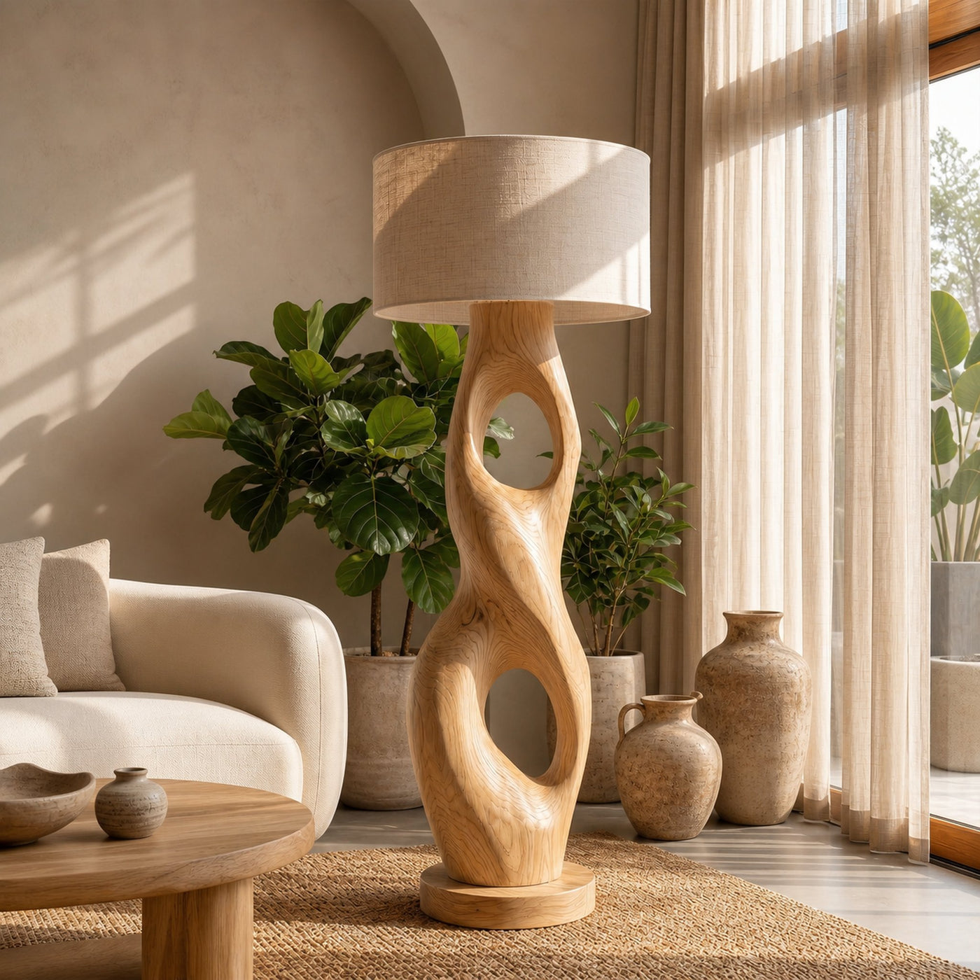 Rustic Floor Lamp With Handcrafted Hollow Wood Sculpture Base For Living Room - product view 5