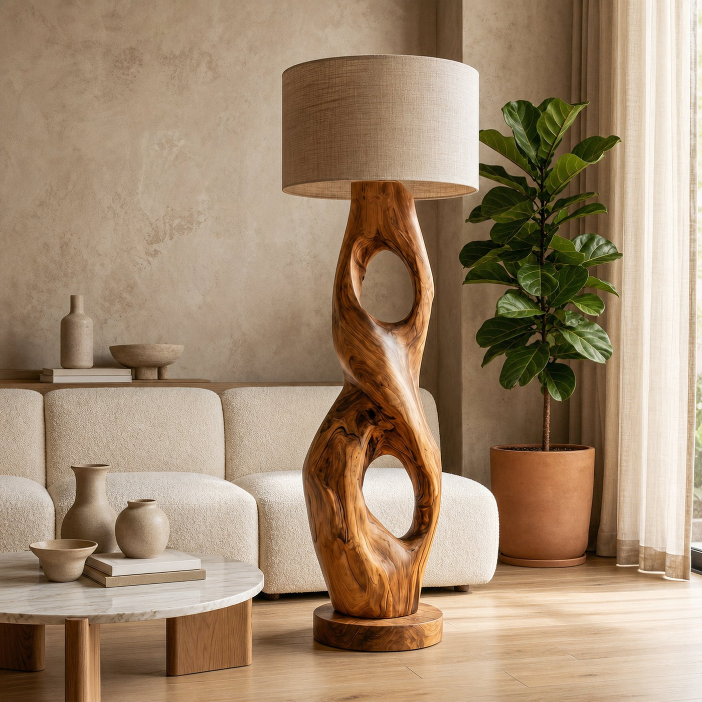 Rustic Floor Lamp With Handcrafted Hollow Wood Sculpture Base For Living Room - product view 6