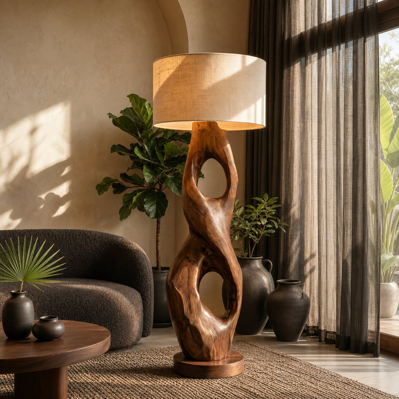 Rustic Floor Lamp With Handcrafted Hollow Wood Sculpture Base For Living Room - product view 7