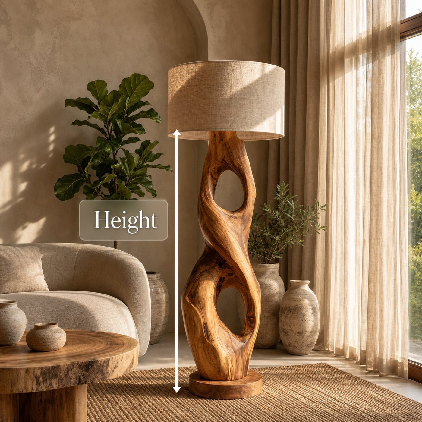 Rustic Floor Lamp With Handcrafted Hollow Wood Sculpture Base For Living Room - product view 8