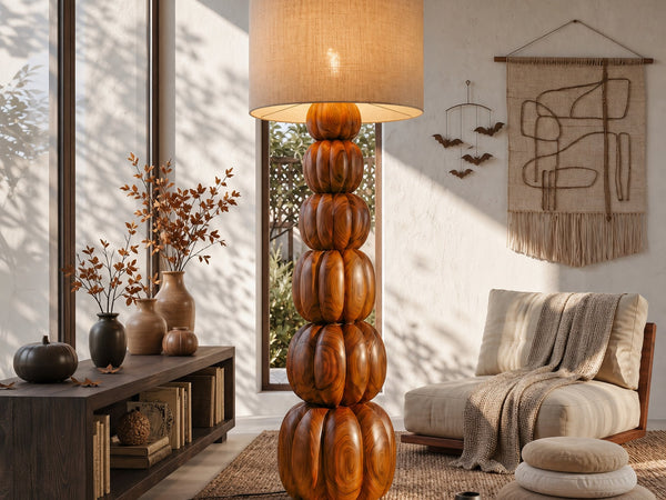 Rustic Floor Lamp With Stacked Pumpkin Wood Base For Living Room