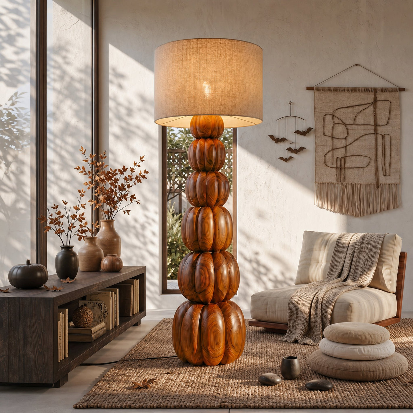 Rustic Floor Lamp With Stacked Pumpkin Wood Base For Living Room