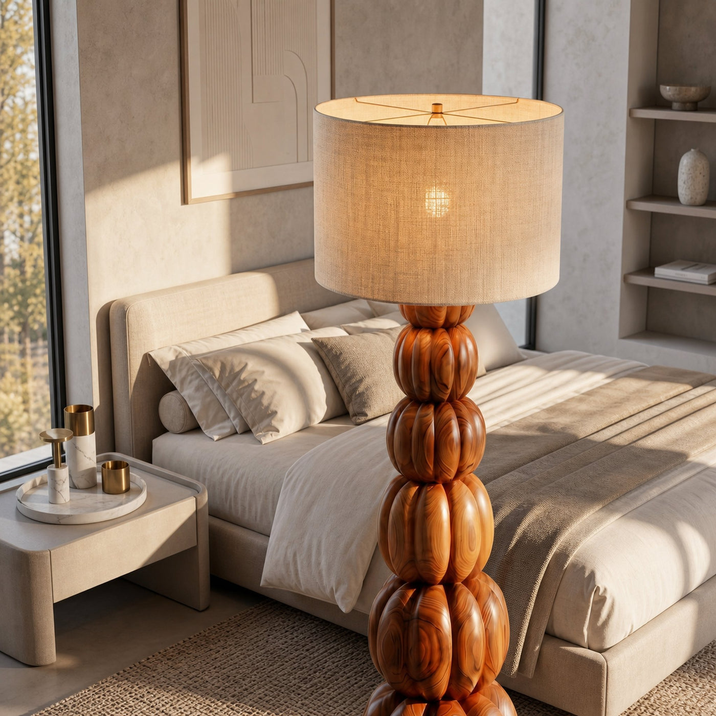 Rustic Floor Lamp With Stacked Pumpkin Wood Base For Living Room - product view 2