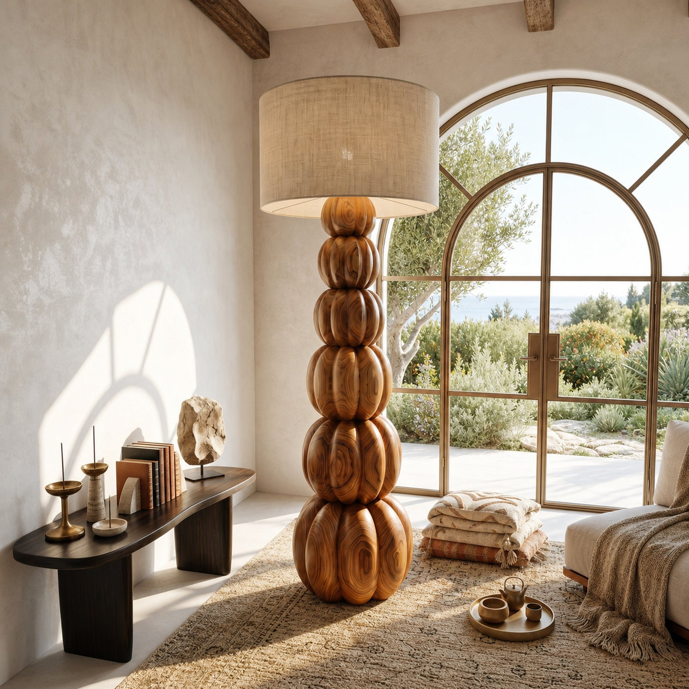 Rustic Floor Lamp With Stacked Pumpkin Wood Base For Living Room - product view 3