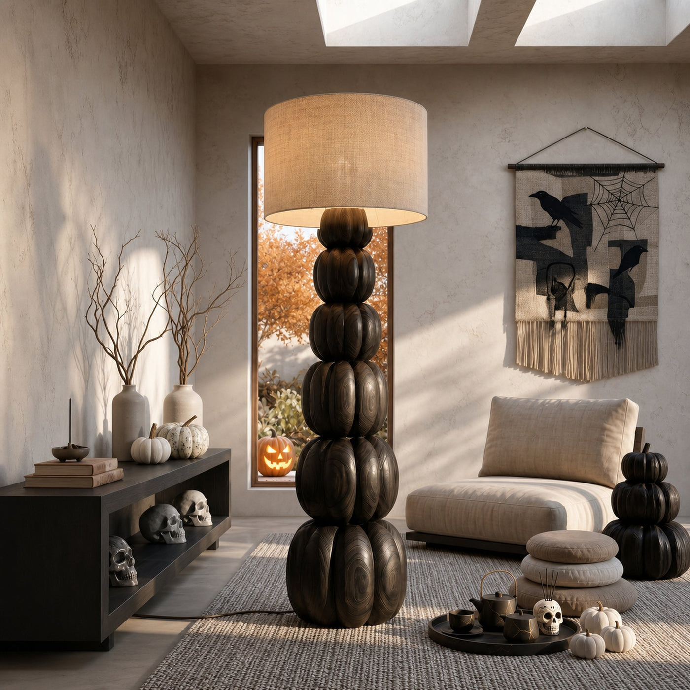 Rustic Floor Lamp With Stacked Pumpkin Wood Base For Living Room - product view 4