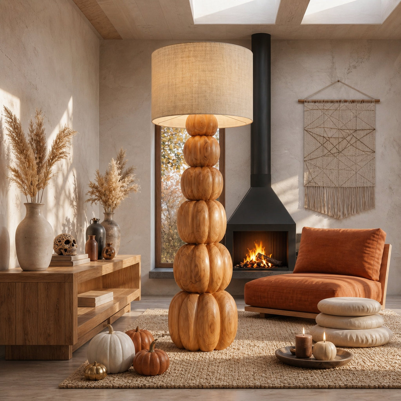 Rustic Floor Lamp With Stacked Pumpkin Wood Base For Living Room - product view 5