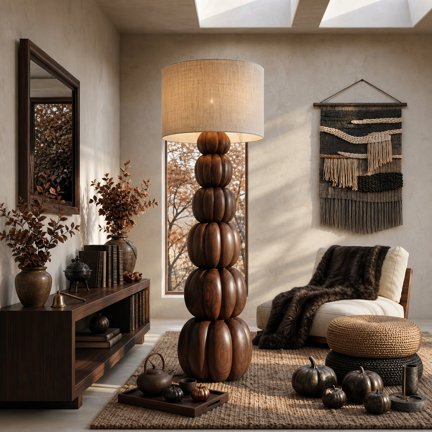 Rustic Floor Lamp With Stacked Pumpkin Wood Base For Living Room - product view 7