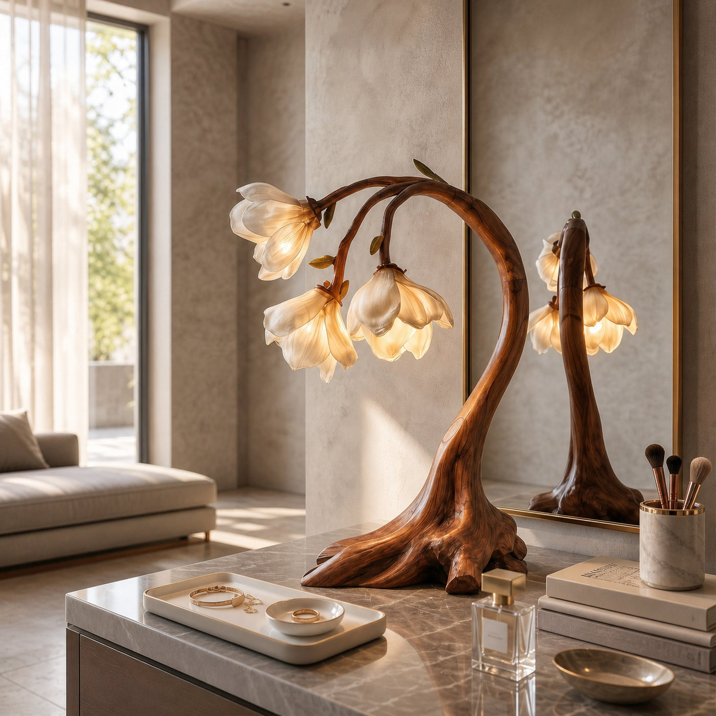 Rustic Floral Table Lamp With Sculptural Driftwood Base For Bedroom And Living Room