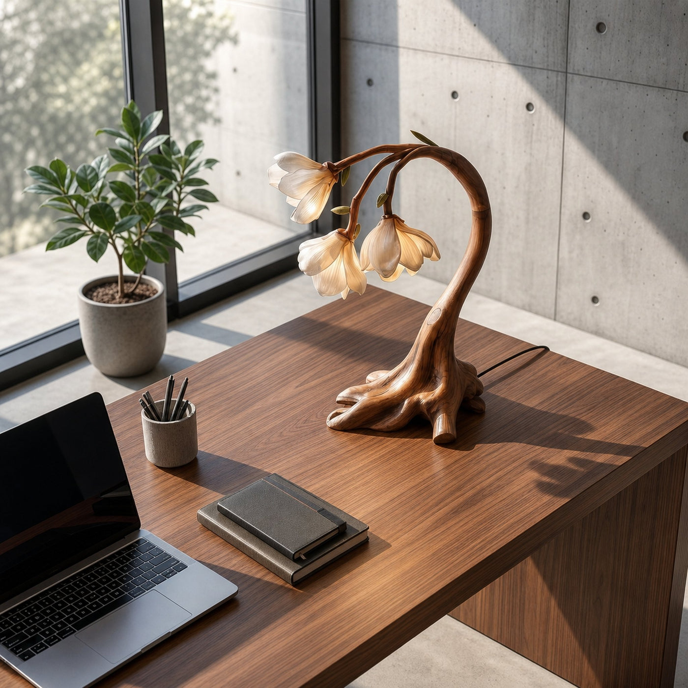 Rustic Floral Table Lamp With Sculptural Driftwood Base For Bedroom And Living Room - product view 2
