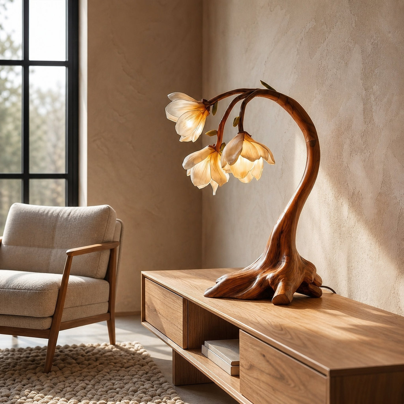 Rustic Floral Table Lamp With Sculptural Driftwood Base For Bedroom And Living Room - product view 3