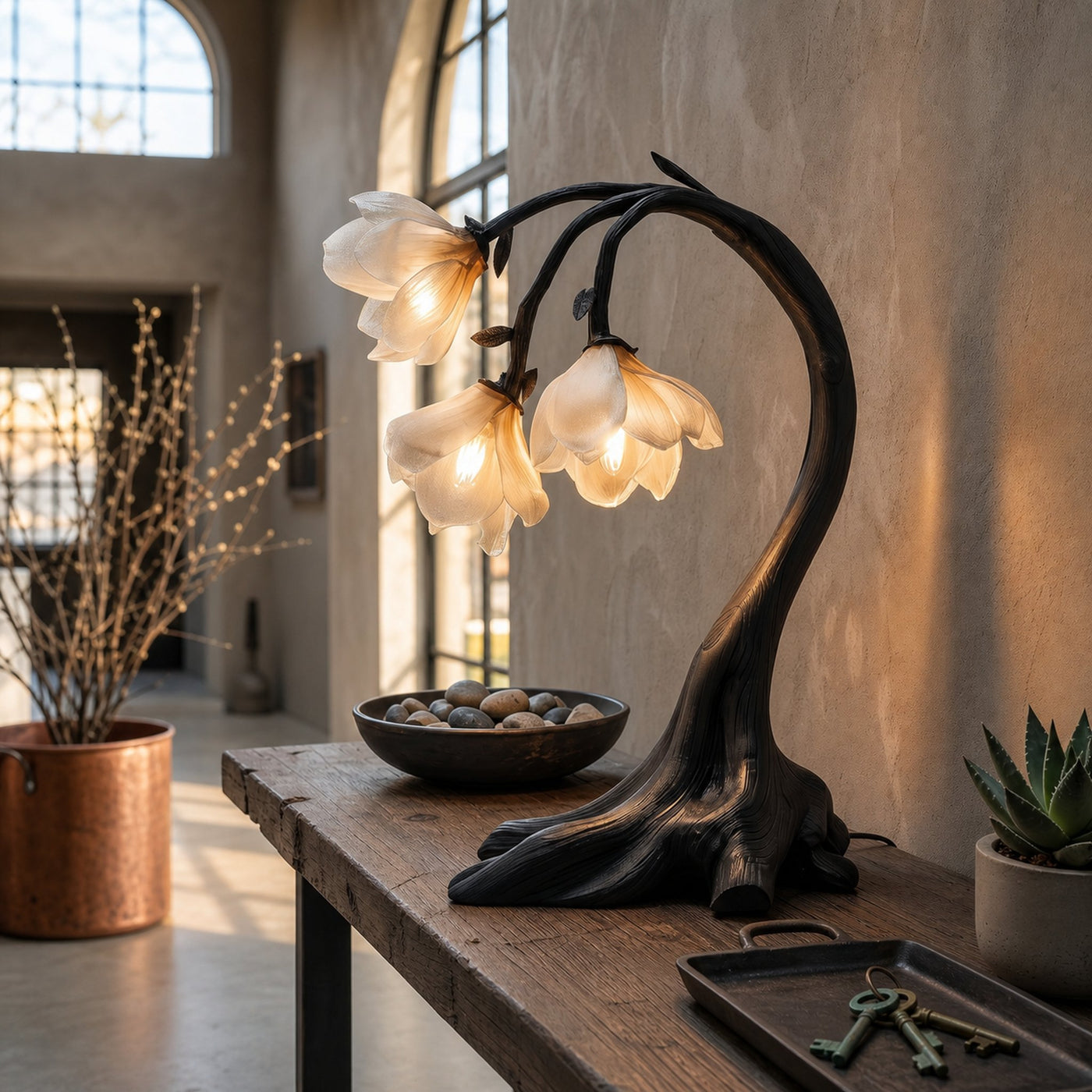 Rustic Floral Table Lamp With Sculptural Driftwood Base For Bedroom And Living Room - product view 4