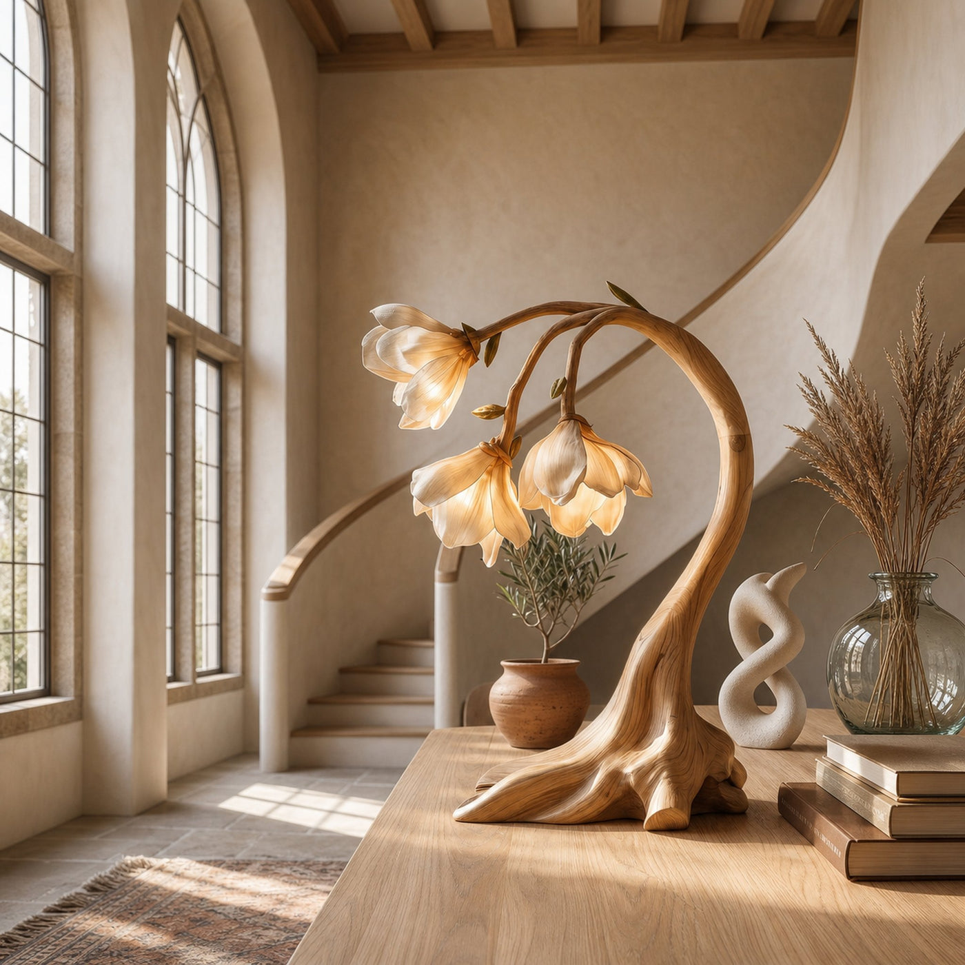 Rustic Floral Table Lamp With Sculptural Driftwood Base For Bedroom And Living Room - product view 5