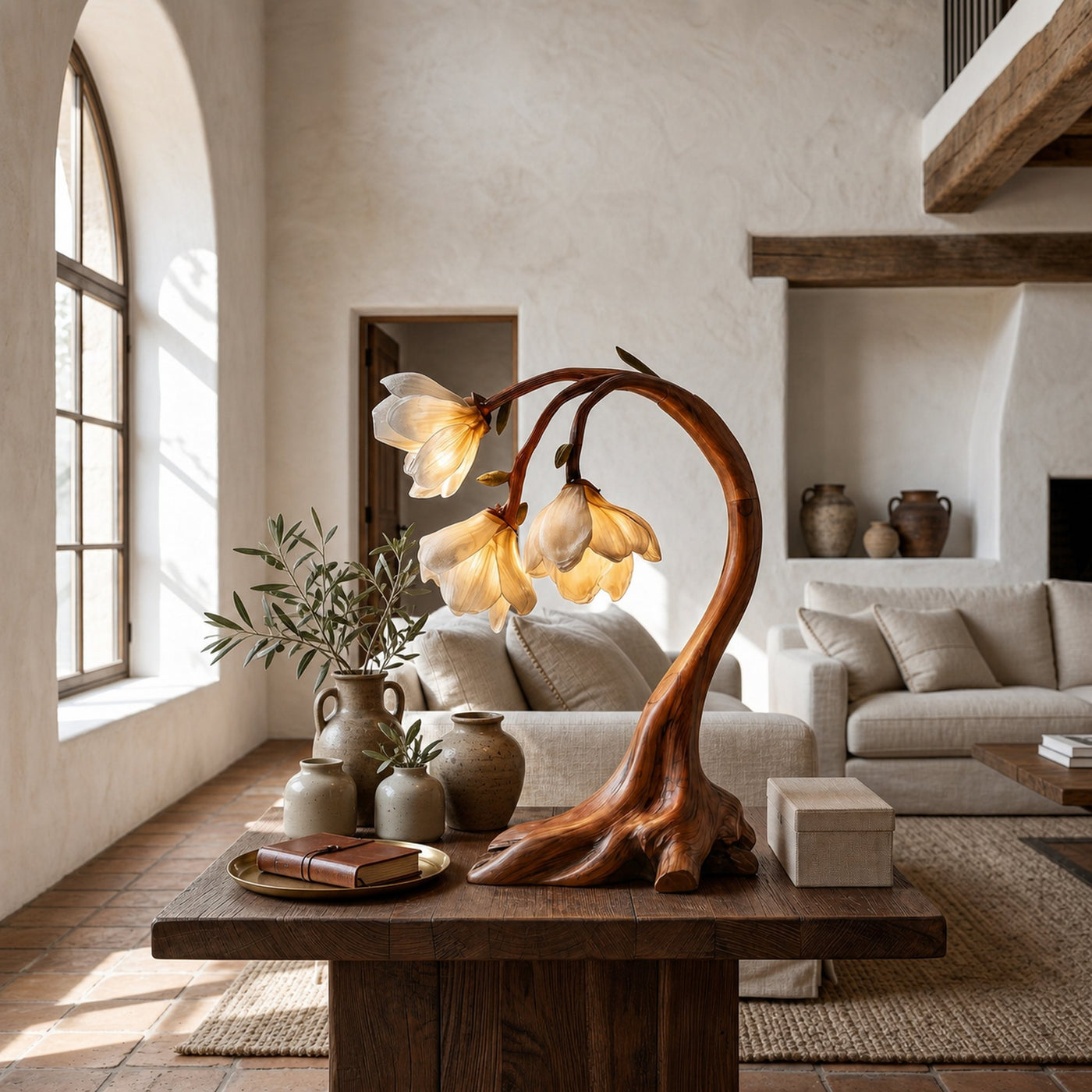 Rustic Floral Table Lamp With Sculptural Driftwood Base For Bedroom And Living Room - product view 6