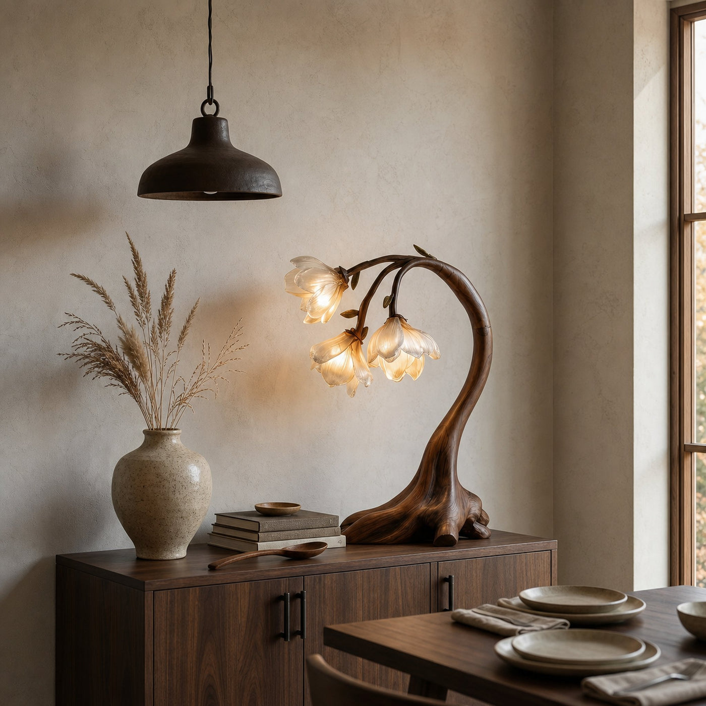 Rustic Floral Table Lamp With Sculptural Driftwood Base For Bedroom And Living Room - product view 7