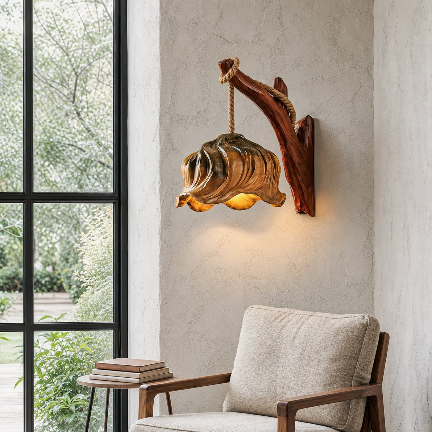 Rustic Flower Wall Sconce With Driftwood Mount And Handcrafted Wooden Sculpture For Living Room