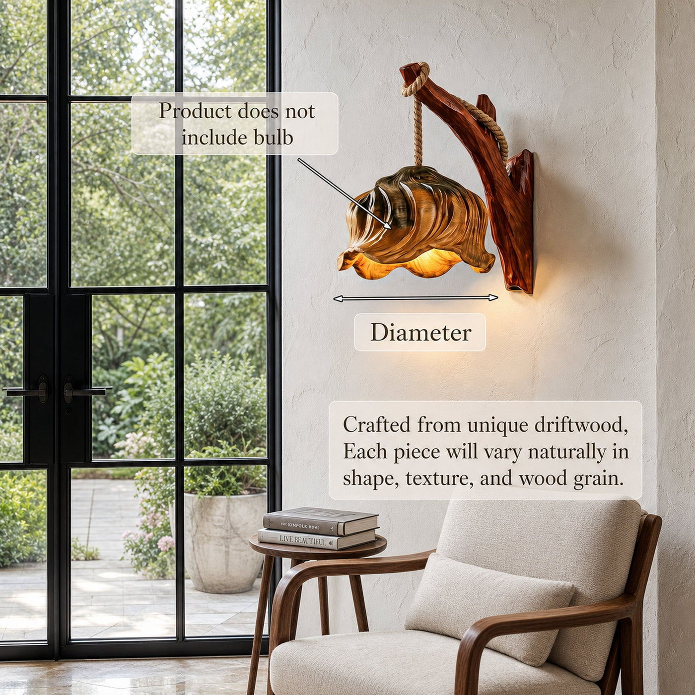 Rustic Flower Wall Sconce With Driftwood Mount And Handcrafted Wooden Sculpture For Living Room - product view 6