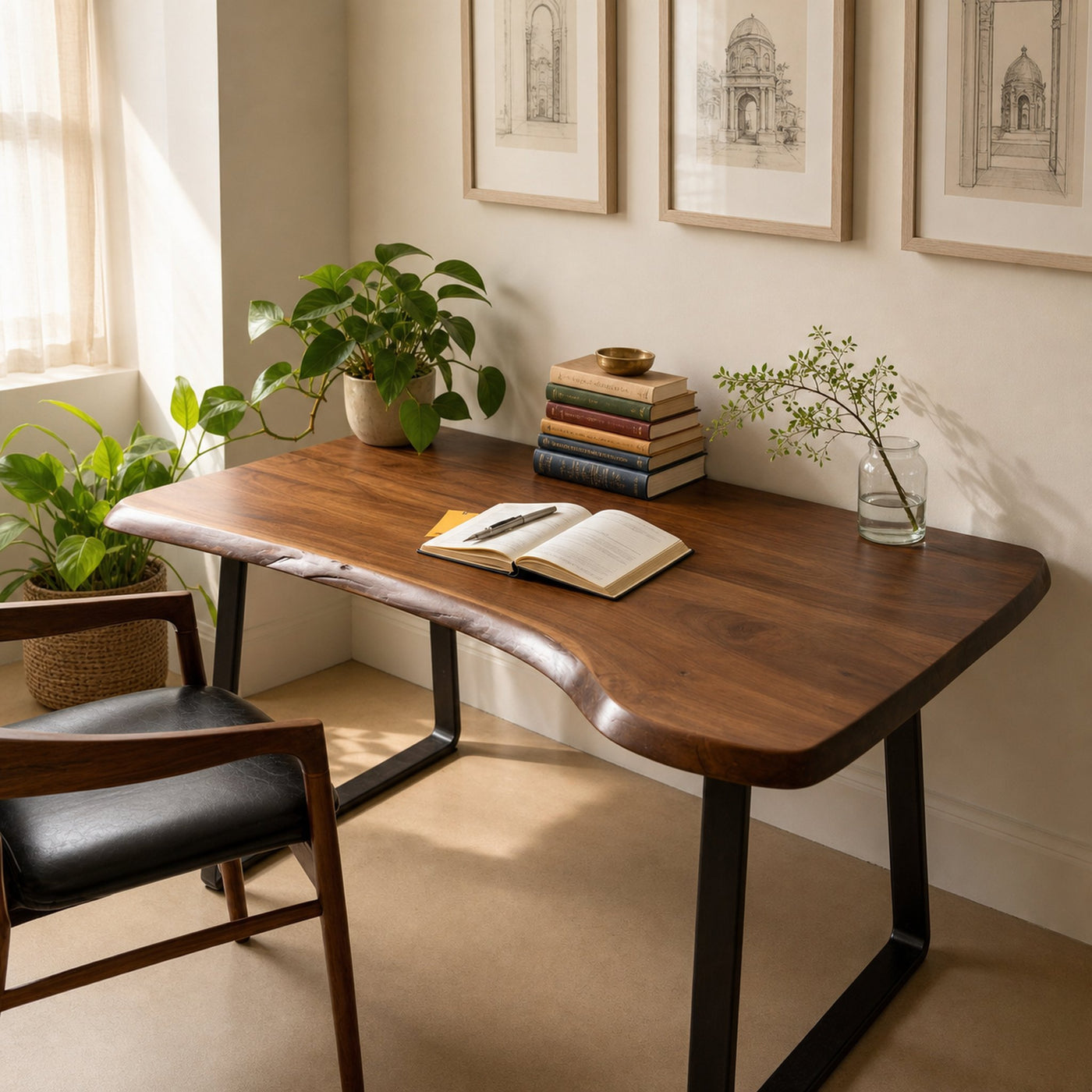 Rustic Handcrafted Live Edge Writing Desk With Sleek Metal Legs For Home Office Or Study Corner