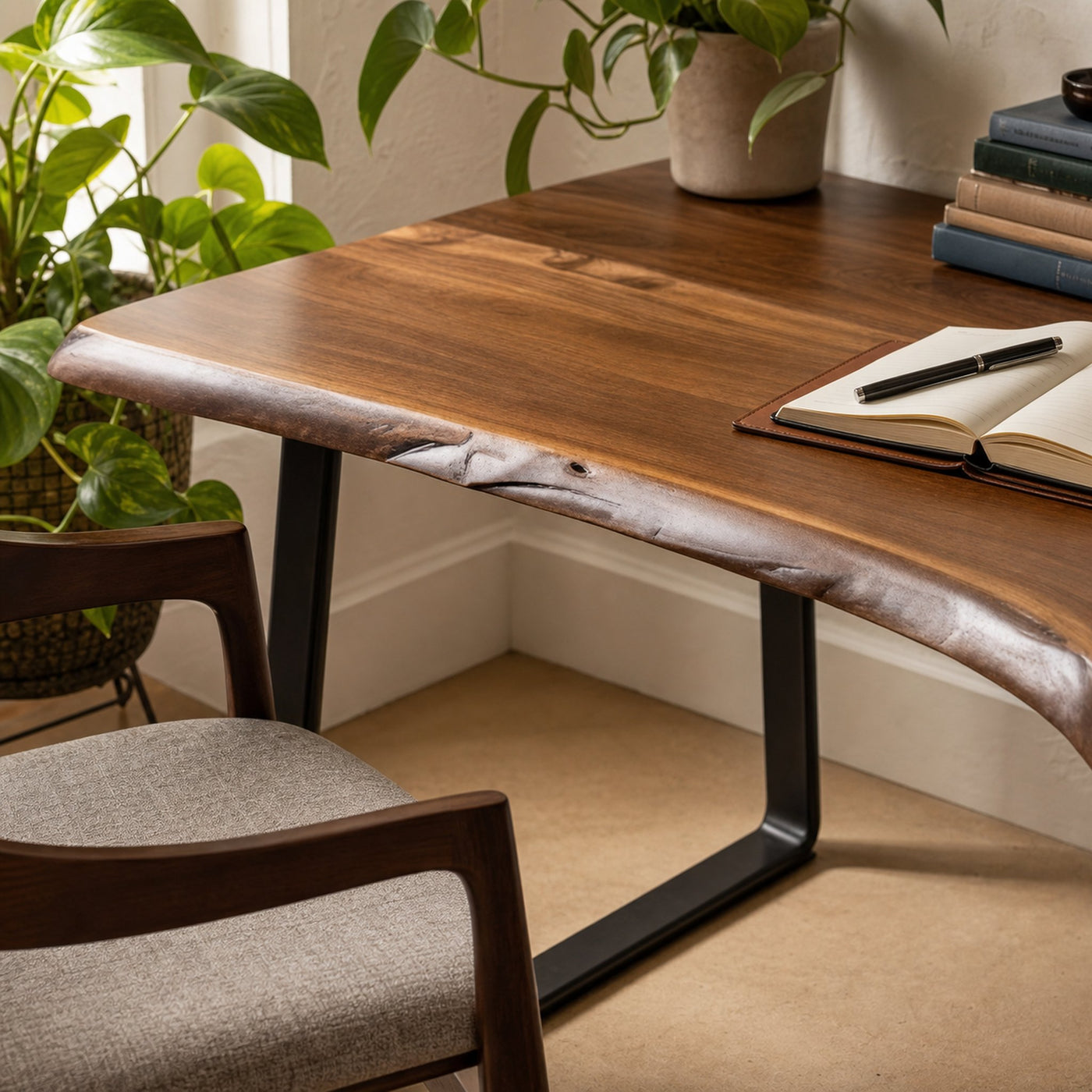 Rustic Handcrafted Live Edge Writing Desk With Sleek Metal Legs For Home Office Or Study Corner - product view 2