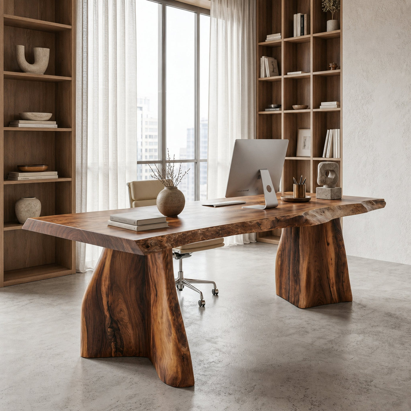 Rustic Live Edge Executive Desk With Sculptural Solid Wood Base For Home Office