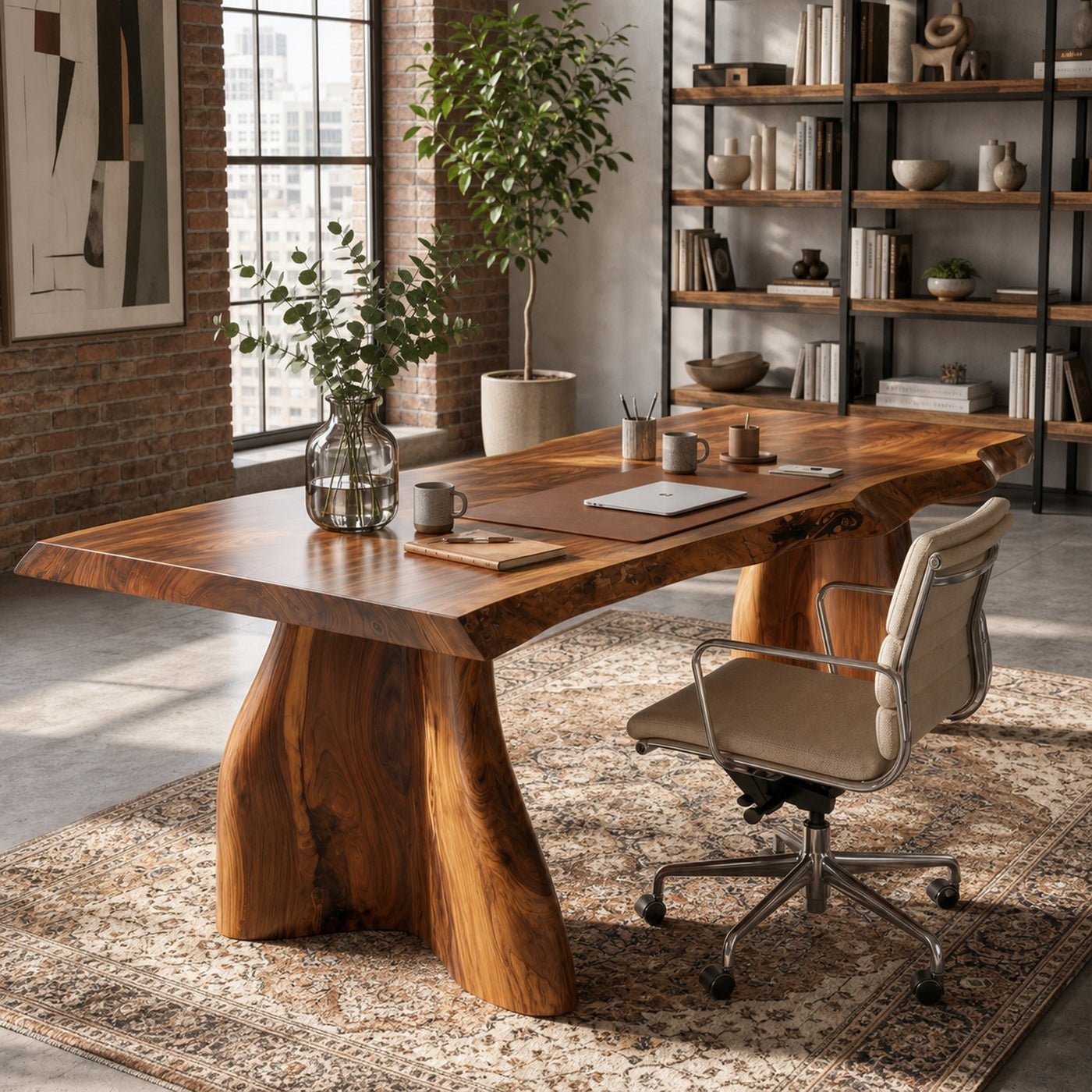 Rustic Live Edge Executive Desk With Sculptural Solid Wood Base For Home Office - product view 3