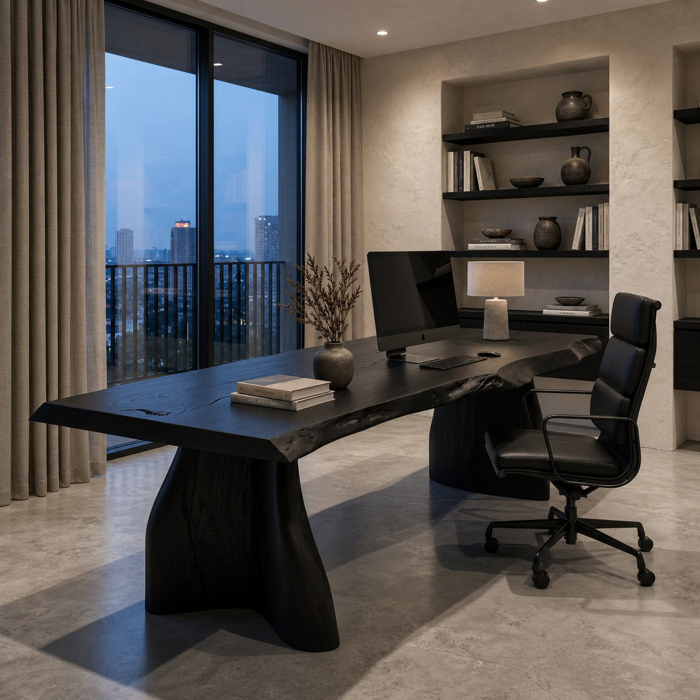 Rustic Live Edge Executive Desk With Sculptural Solid Wood Base For Home Office - product view 4