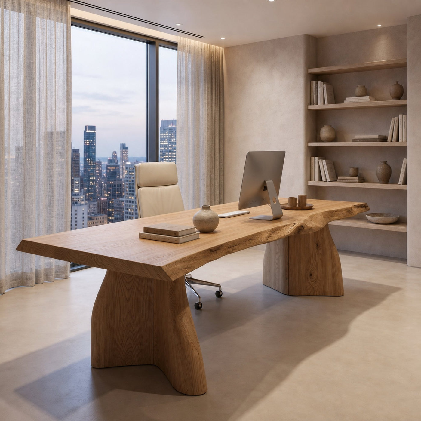 Rustic Live Edge Executive Desk With Sculptural Solid Wood Base For Home Office - product view 5
