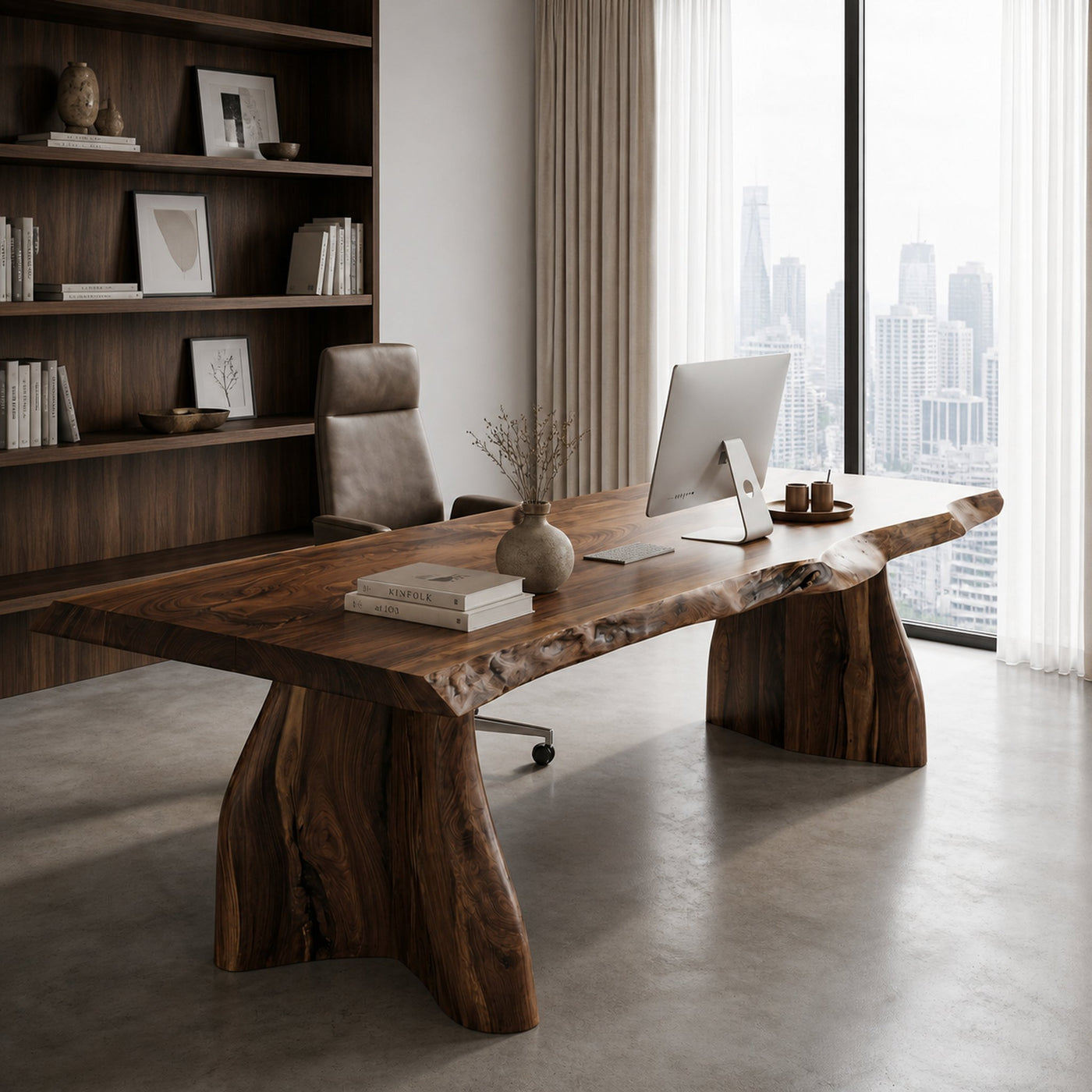 Rustic Live Edge Executive Desk With Sculptural Solid Wood Base For Home Office - product view 7