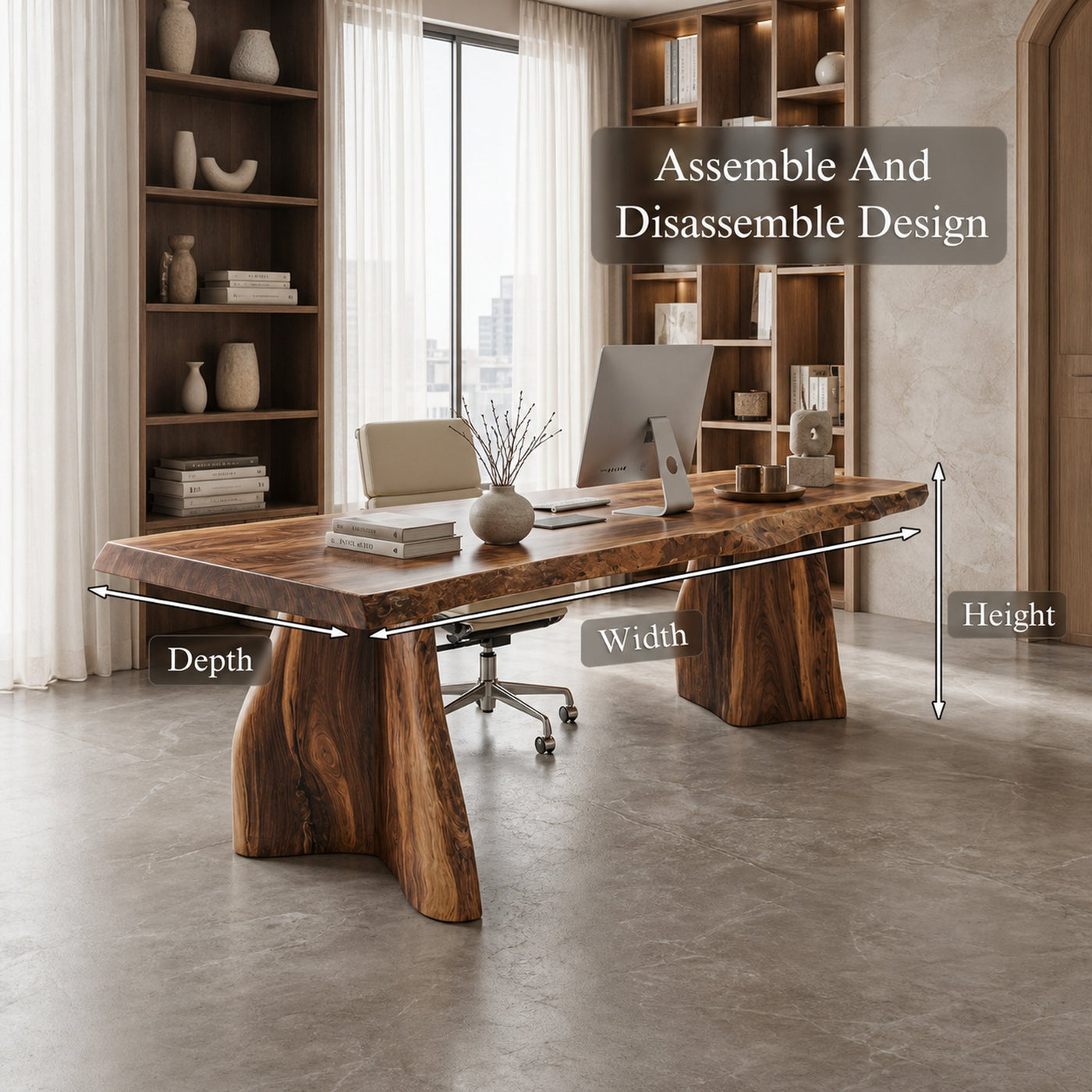 Rustic Live Edge Executive Desk With Sculptural Solid Wood Base For Home Office - product view 8
