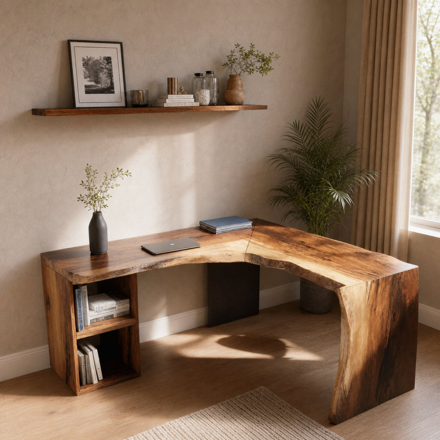 Rustic Live Edge L Shaped Desk With Bookshelf For Workspace