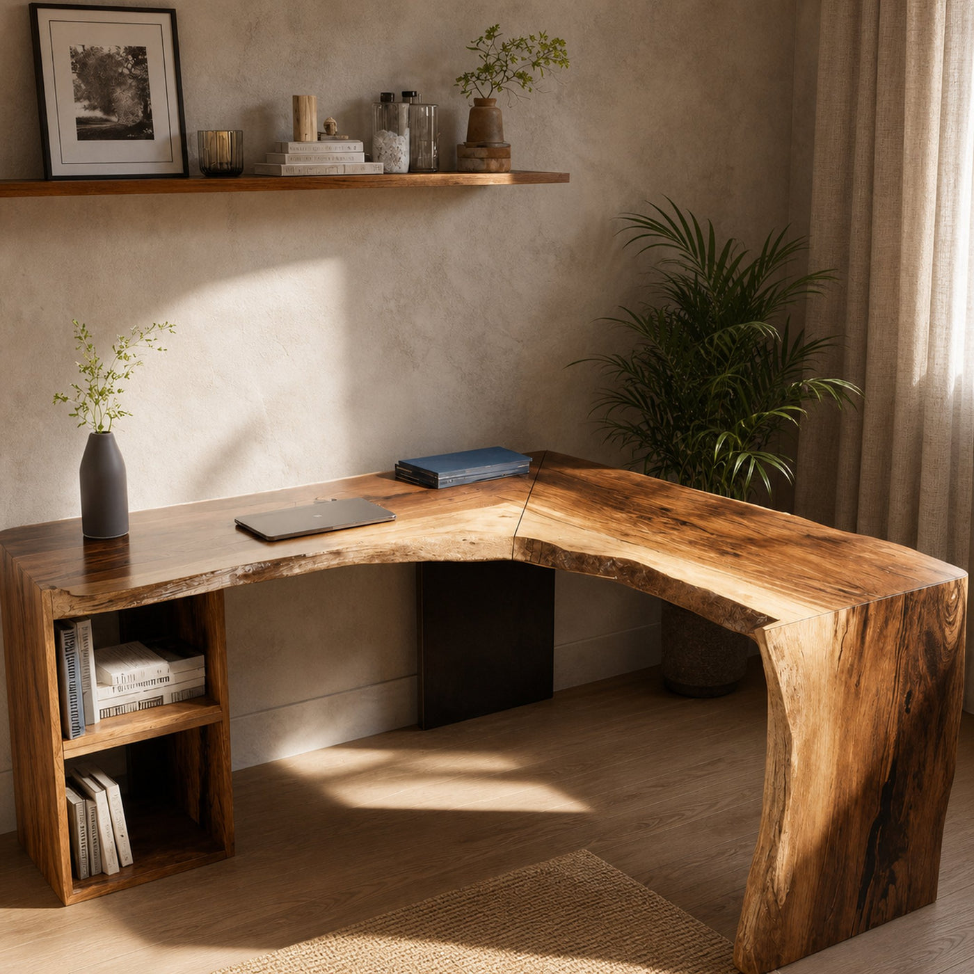 Rustic Live Edge L Shaped Desk With Bookshelf For Workspace - product view 2