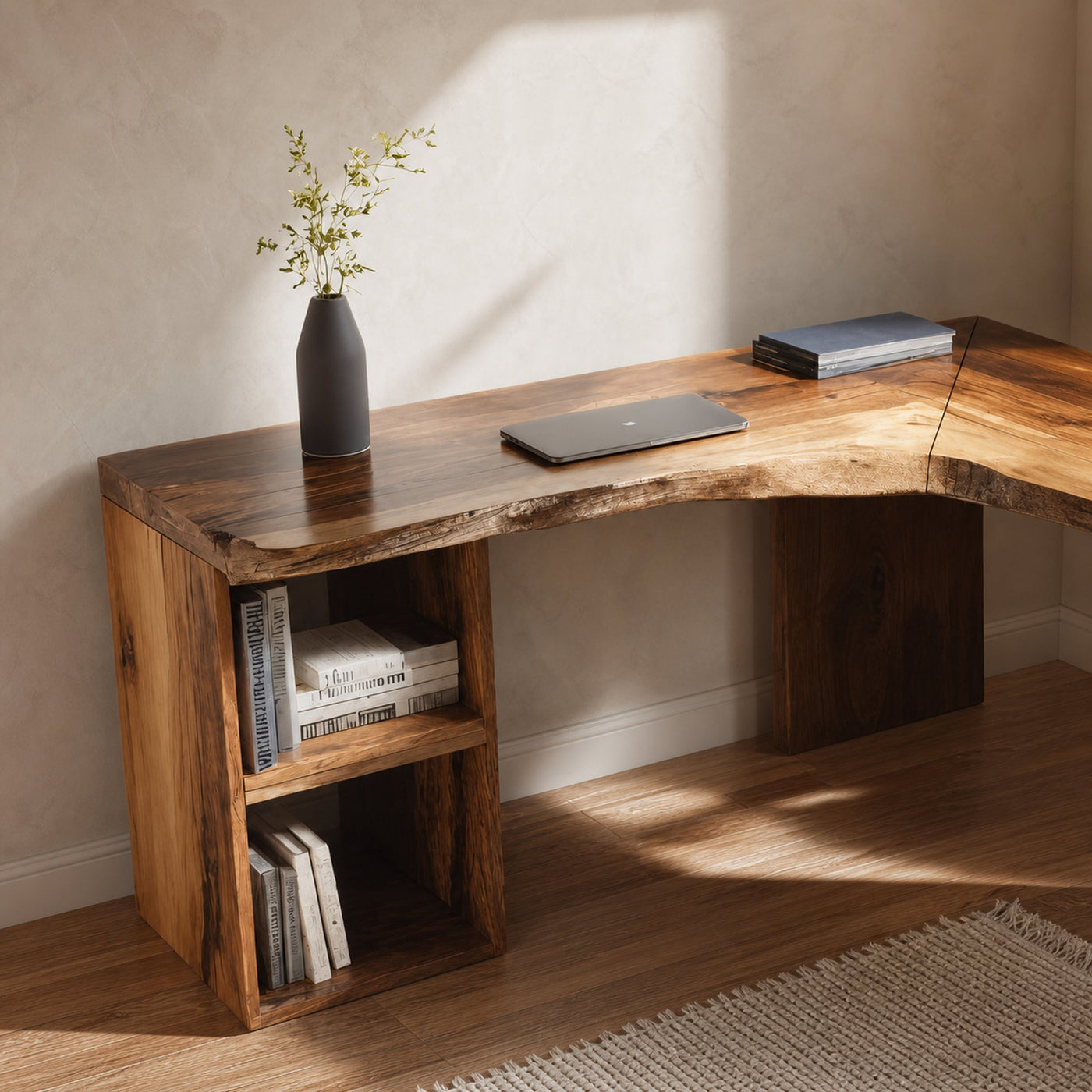 Rustic Live Edge L Shaped Desk With Bookshelf For Workspace - product view 3