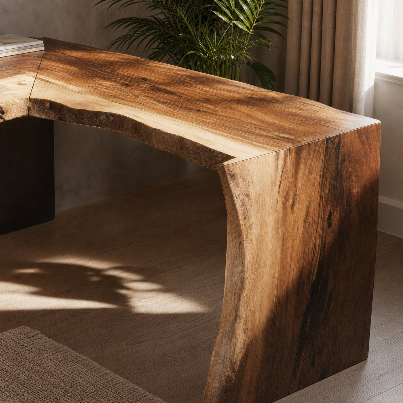 Rustic Live Edge L Shaped Desk With Bookshelf For Workspace - product view 4