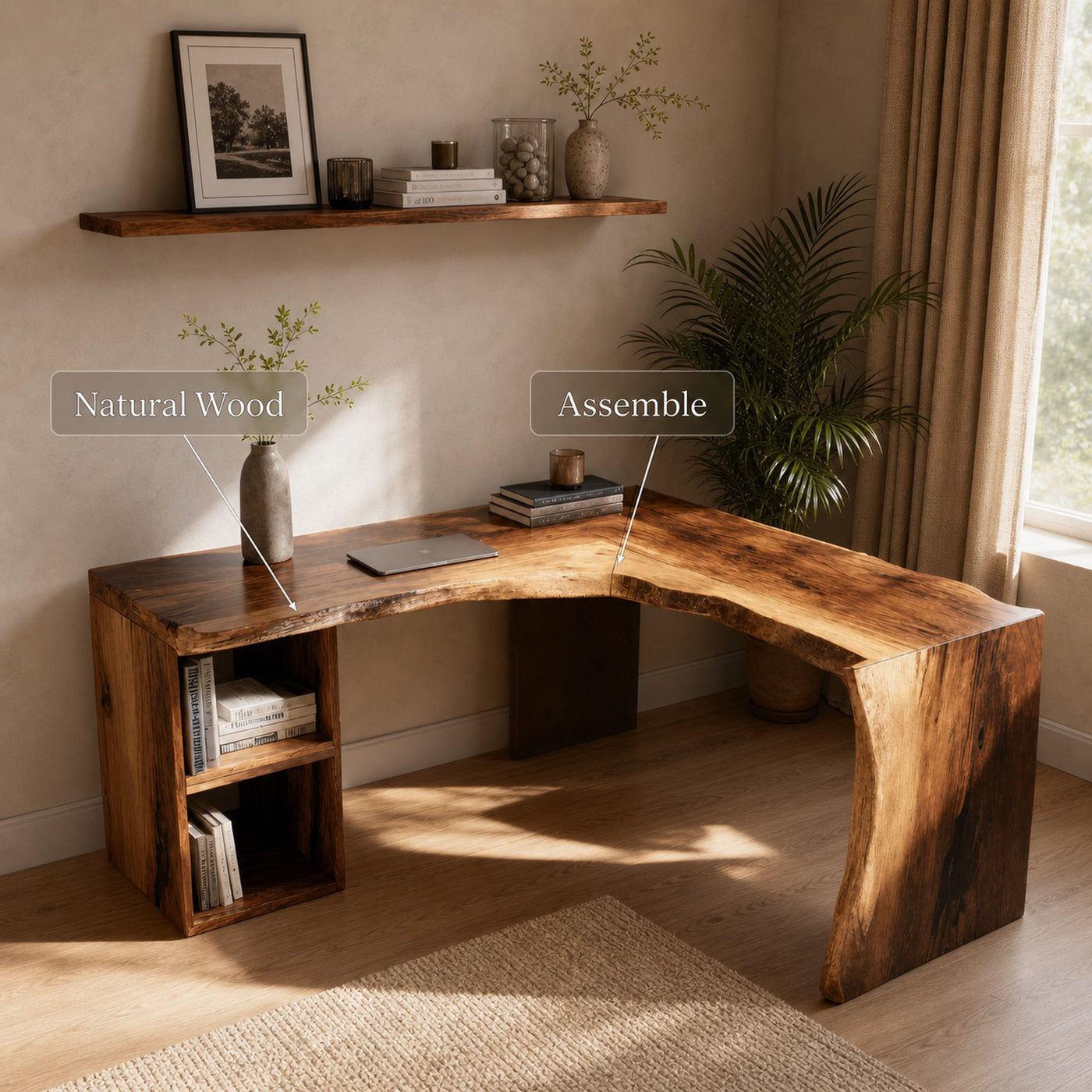 Rustic Live Edge L Shaped Desk With Bookshelf For Workspace - product view 5