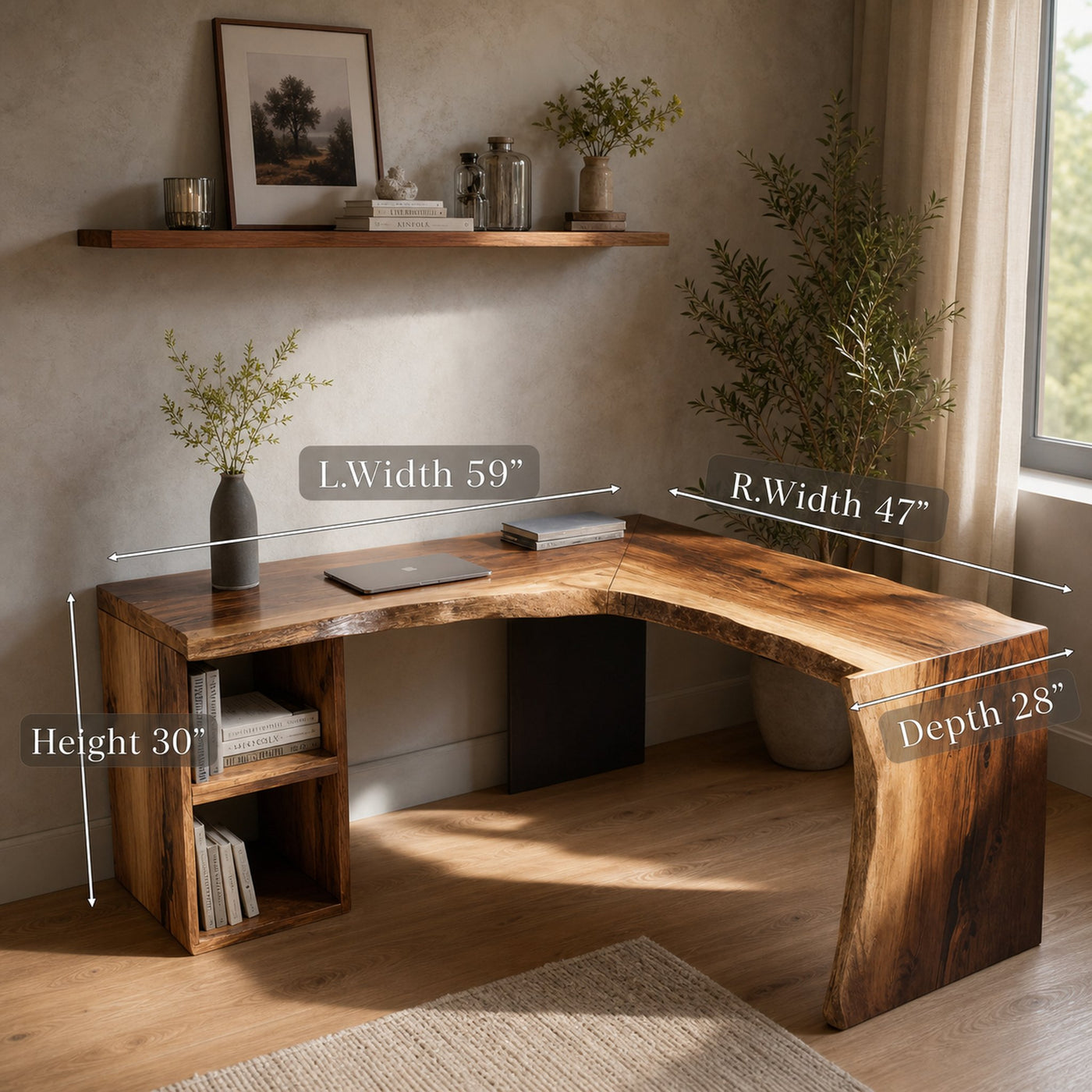 Rustic Live Edge L Shaped Desk With Bookshelf For Workspace - product view 6
