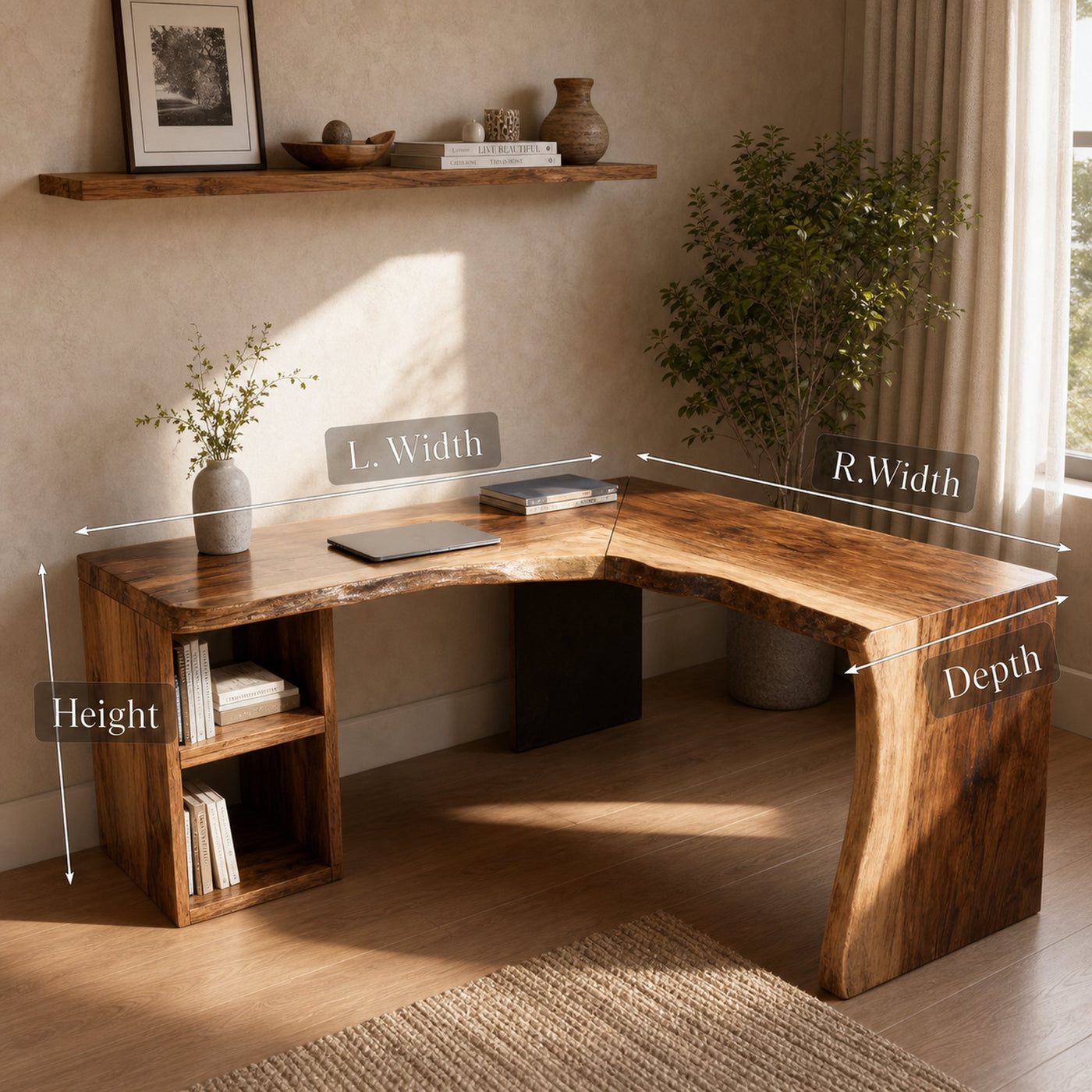 Rustic Live Edge L Shaped Desk With Bookshelf For Workspace - product view 7