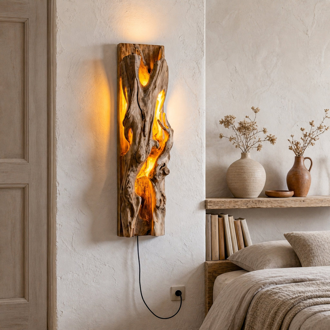 Rustic Live Edge Wall Sconce With Natural Wood Sculpture For Living Room