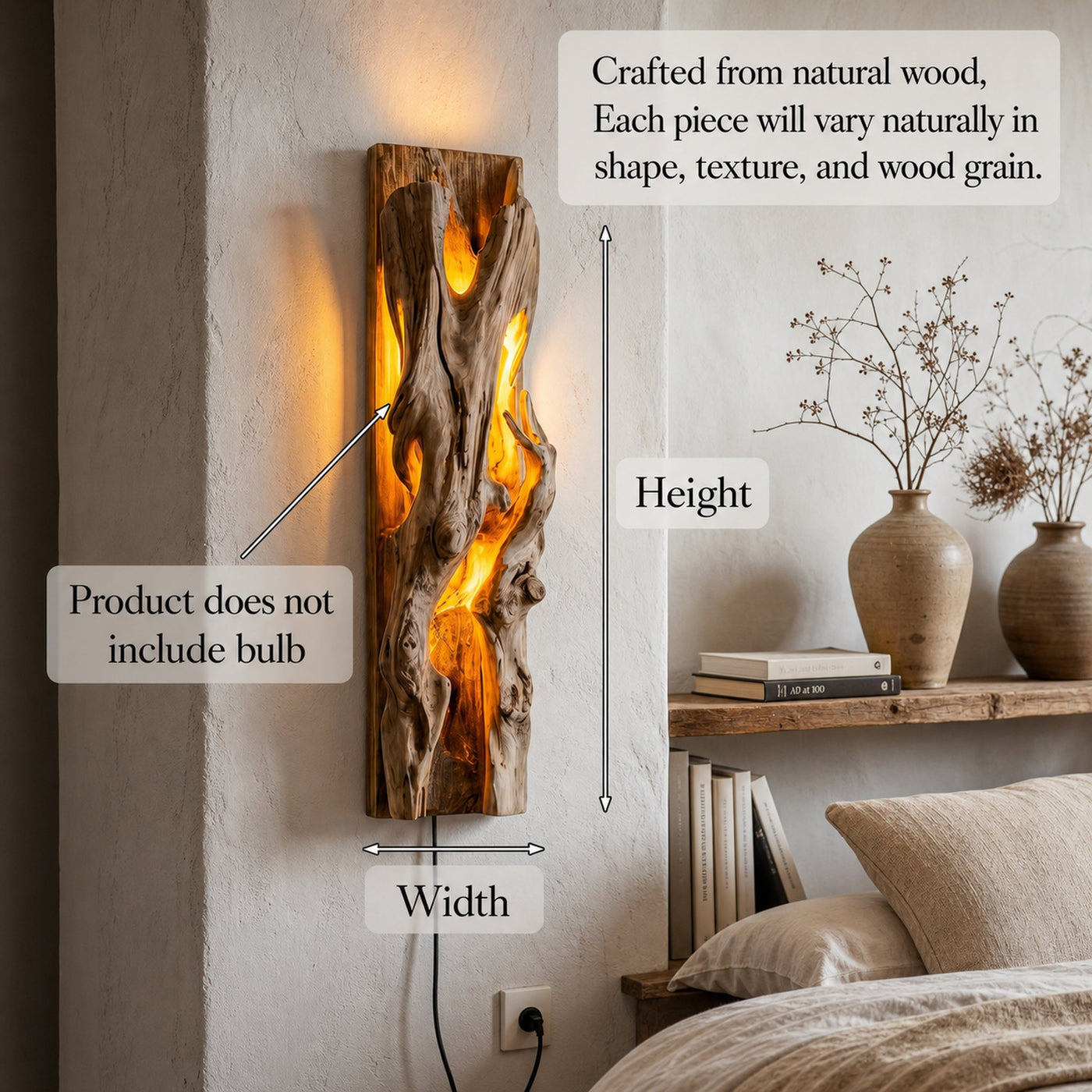 Rustic Live Edge Wall Sconce With Natural Wood Sculpture For Living Room - product view 6