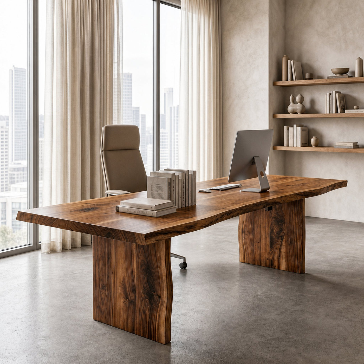 Rustic Live Edge Wooden Desk With Solid Wood Pedestal Base For Home Office