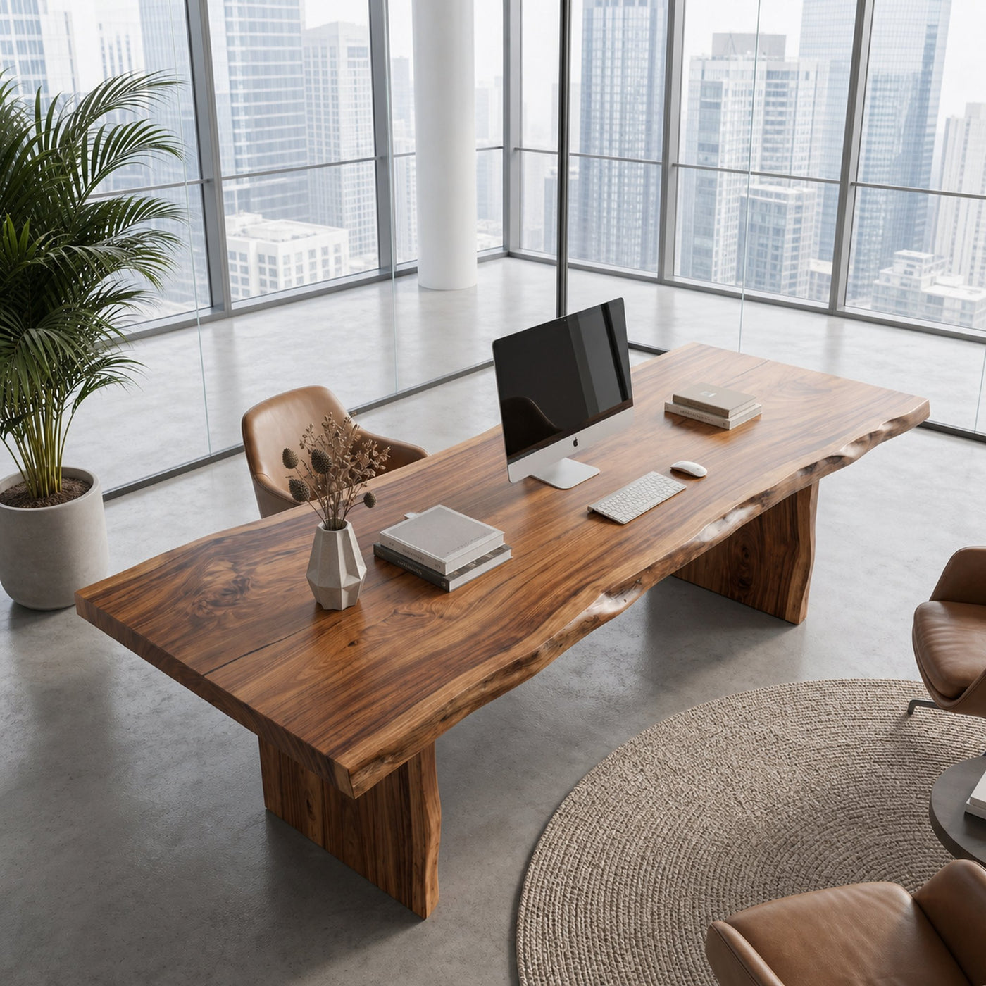 Rustic Live Edge Wooden Desk With Solid Wood Pedestal Base For Home Office - product view 2