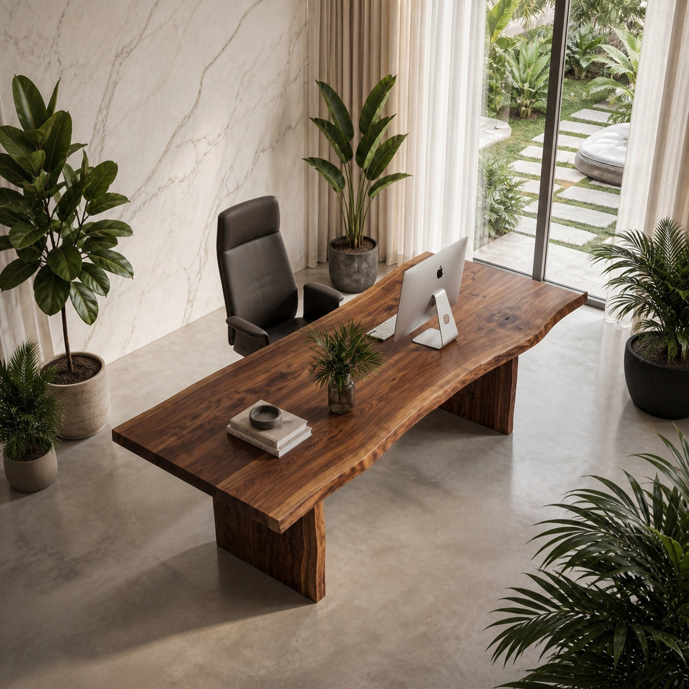 Rustic Live Edge Wooden Desk With Solid Wood Pedestal Base For Home Office - product view 3
