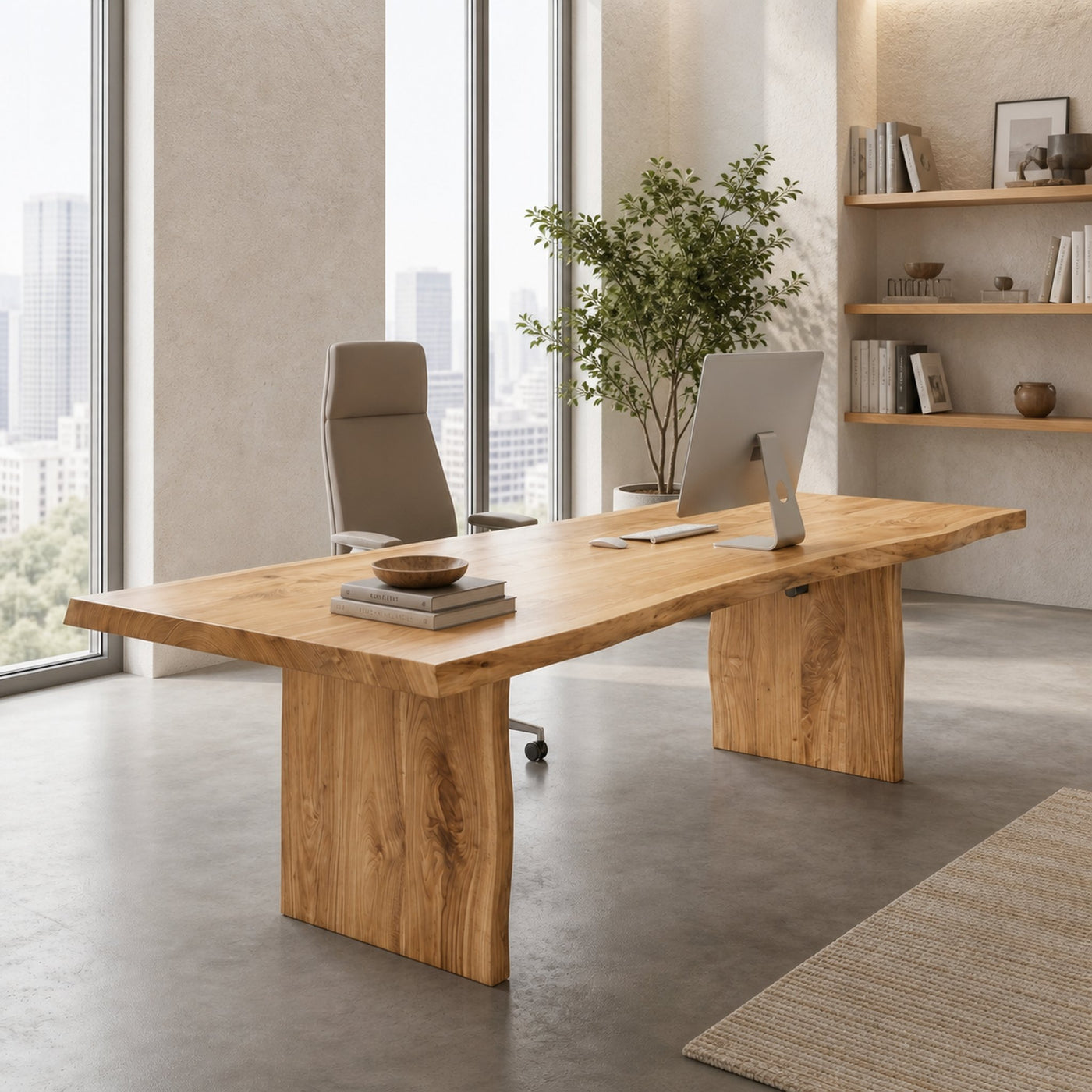 Rustic Live Edge Wooden Desk With Solid Wood Pedestal Base For Home Office - product view 5
