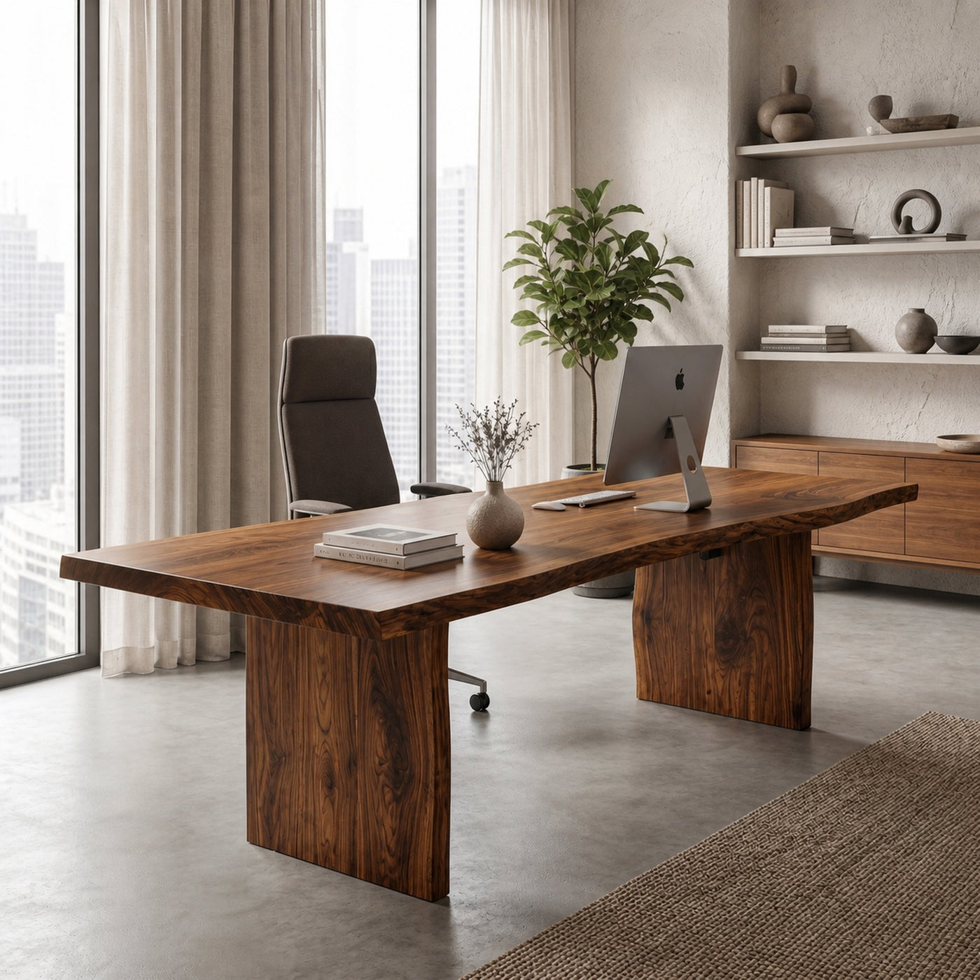 Rustic Live Edge Wooden Desk With Solid Wood Pedestal Base For Home Office - product view 6