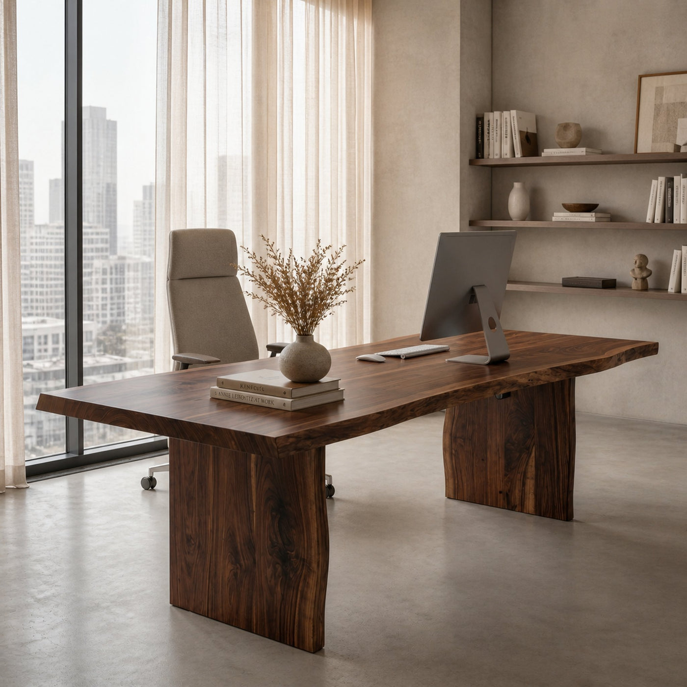 Rustic Live Edge Wooden Desk With Solid Wood Pedestal Base For Home Office - product view 7