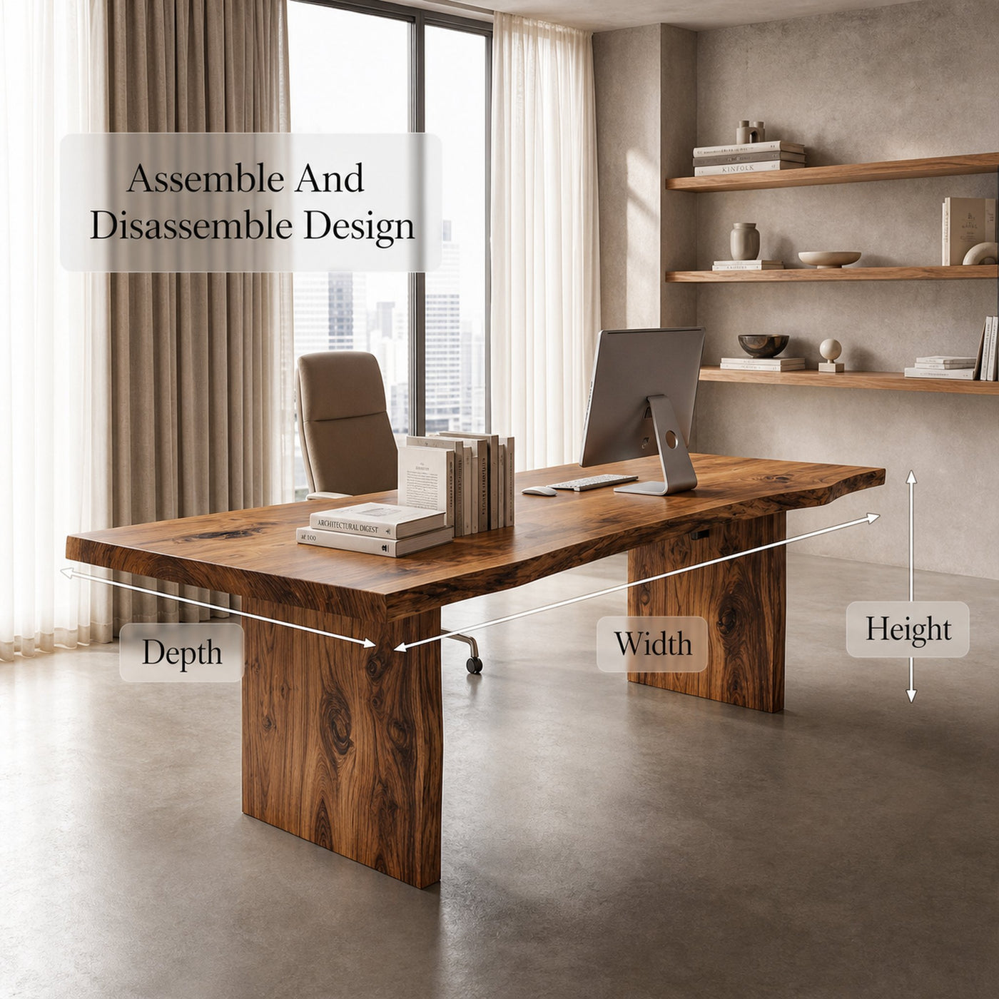 Rustic Live Edge Wooden Desk With Solid Wood Pedestal Base For Home Office - product view 8