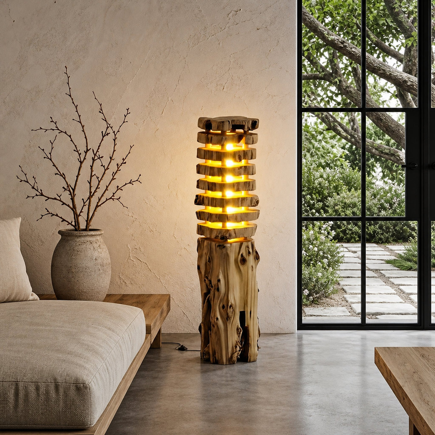 Rustic Log Floor Lamp With Sculptural Wooden Base For Living Room And Bedroom