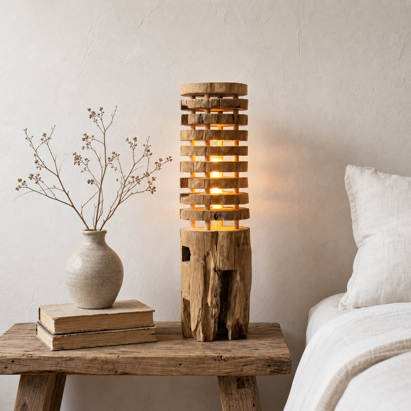 Rustic Log Floor Lamp With Sculptural Wooden Base For Living Room And Bedroom - product view 2