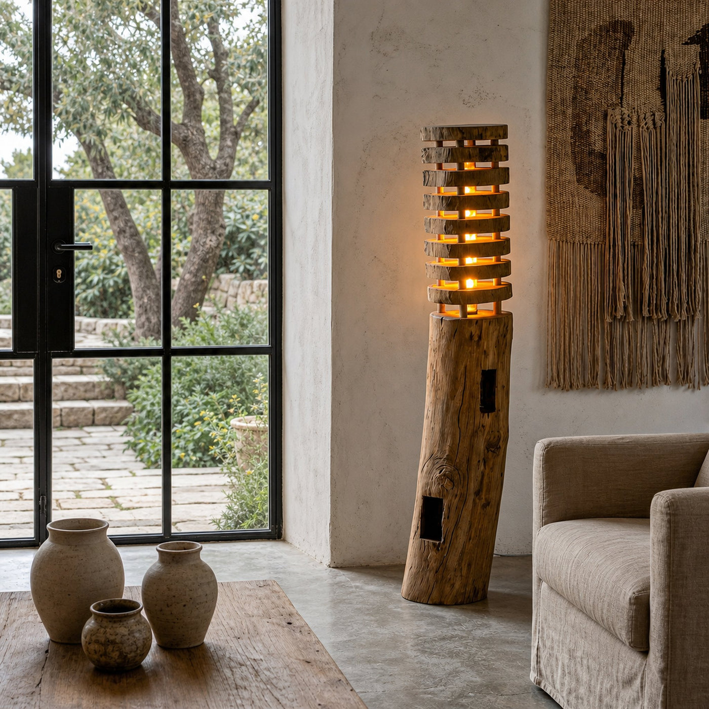 Rustic Log Floor Lamp With Sculptural Wooden Base For Living Room And Bedroom - product view 4